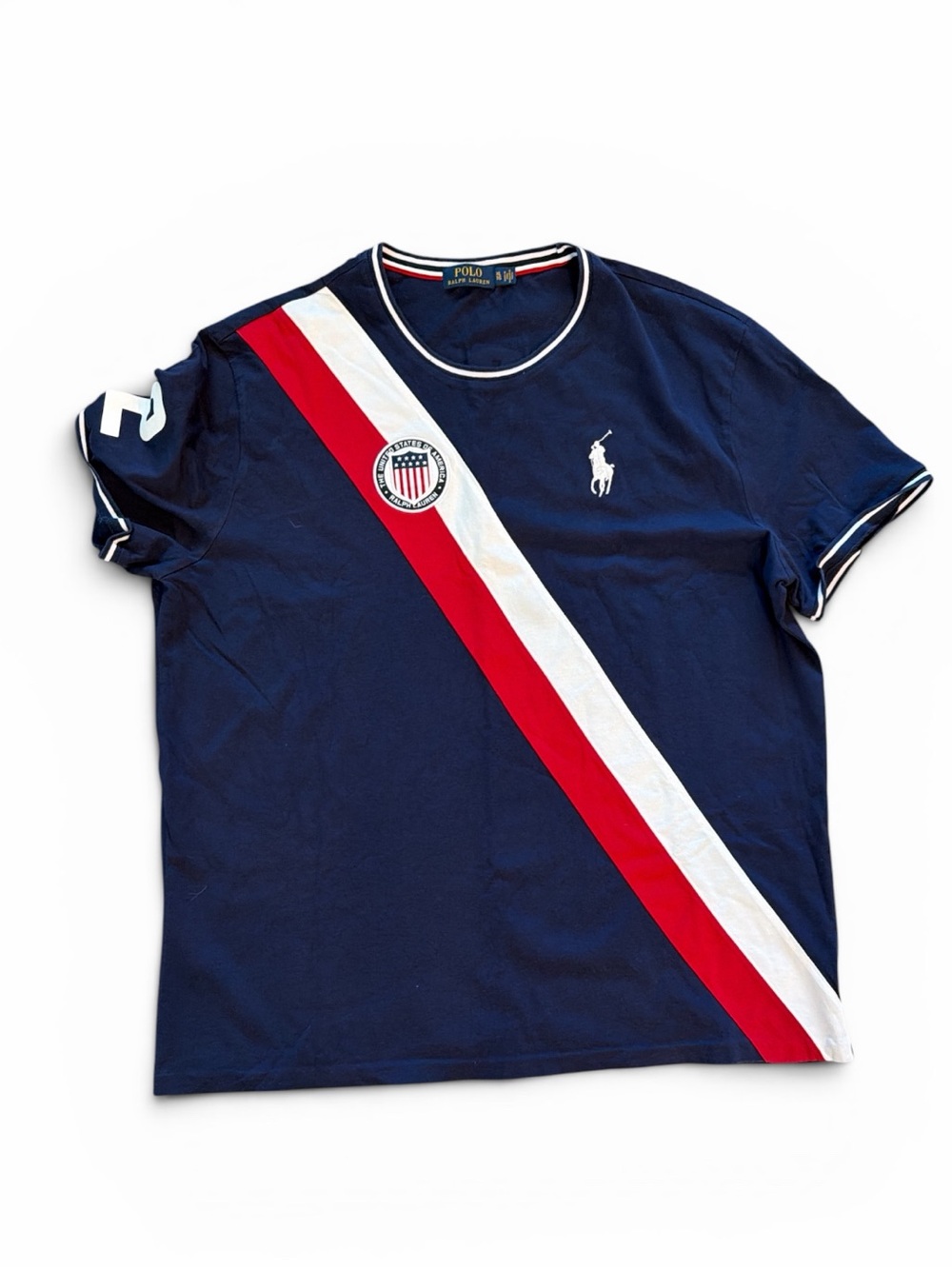 Polo Ralph Lauren Rugby T-Shirt Pony USA Flag #2 Size XL Navy Blue Cotton 🇺🇸